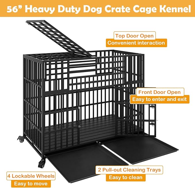 56 Inch Heavy Duty Indestructible Dog Crate, Chewproof Escape-Proof Indoor Double Door Cage with Wheels and Trays, Impact Steel Kennel for High Anxiety Large Giant Dogs, XL/XXL