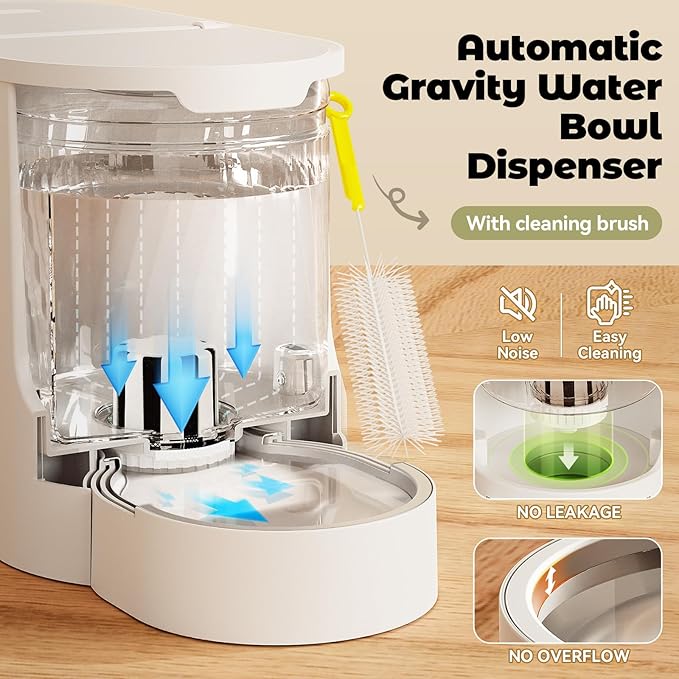 Automatic Cat Feeder 2-in-1 Set, Gravity Cat Food Feeder and Water Dispenser, Dog Feeding & Watering Supply with Stailess Steel Bowls, Large Capacity Low Noise, White