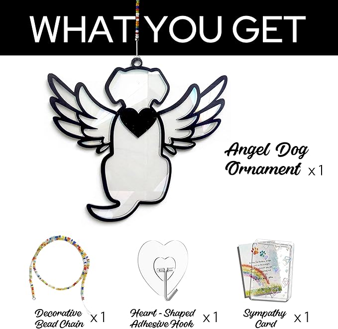 Dog Loss Sympathy Gift with Card, Memorial Gifts for Loss of Dog, Angel Pet Memorial Suncatcher, Rainbow Bridge for Loss - Winged Dog Shape