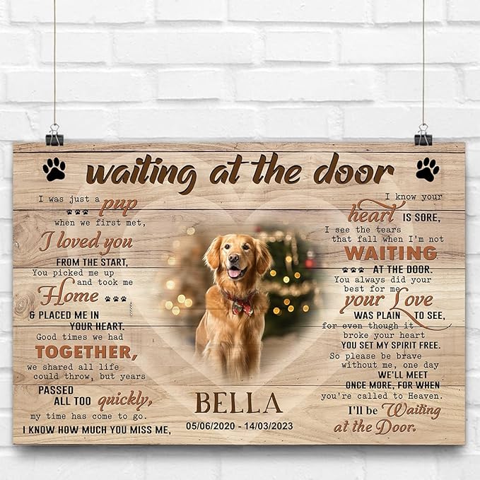 P80716 Personalized Memorial Poster Gifts, Waiting At The Door, Dog Memorial Frames with Pictures, Gift For Dog Lover, Name Bereavement Sympathy