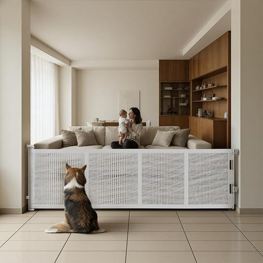 34" H Tall Mesh Dog Gate Extends Up to 200" W Retractable Pet Gate with Drill Installation, Preventing Crawling Through for Stairs, Doorways, Indoor & Outdoor (White)