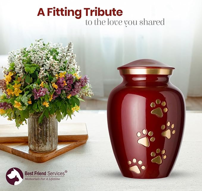 Ottillie Paws Legacy Series Pet Urn for Dogs and Cats, Handmade Brass Memorial Cremation Urn (Small - Pets up to 25 lbs, Crimson, Vertical Brass Paws)