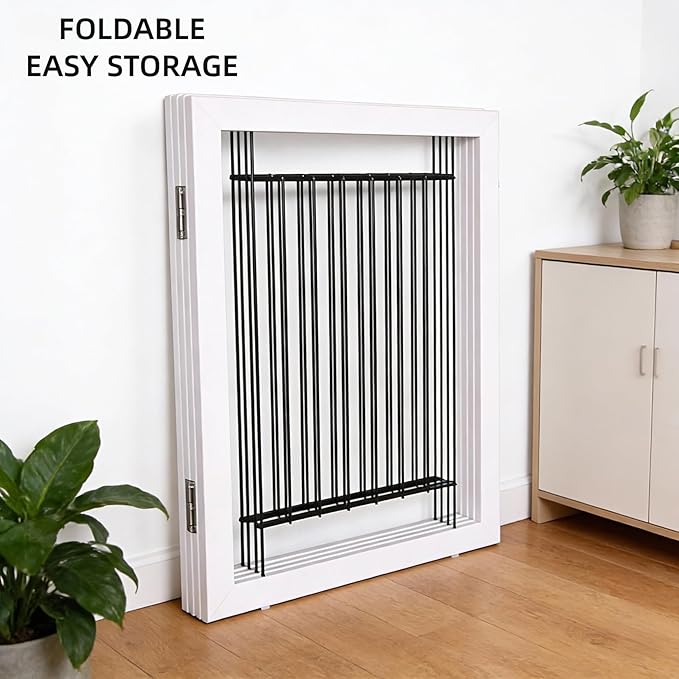 ZJSF Freestanding Dog Gate Indoor, Foldable Dog Fence for Doorways,Hallways or Stairs, Sturdy Wood Extra Wide Pet Gate with Support Feet,White,24 "Height-4 Panels