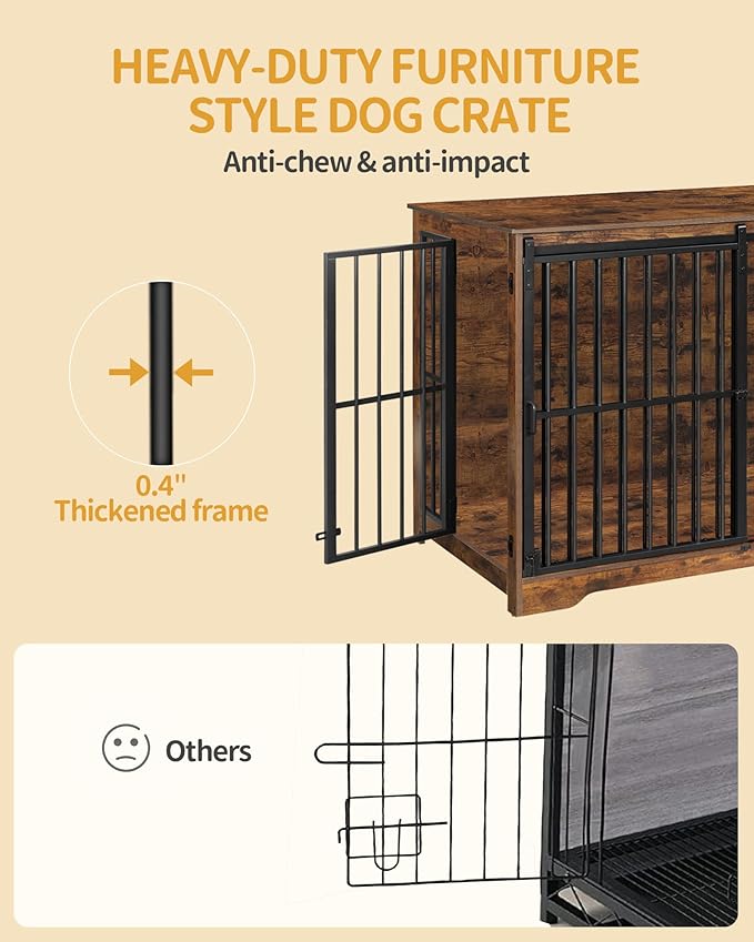 XXL Large Dog Crate Furniture, 46.9" Indoor Dog Kennel Furniture with Barn Door, Wooden Tall Dog Crate, Heavy Duty Dog Cage for Large Dogs, Side End Table, Anti-Chew, Rustic Brown DFC83801B