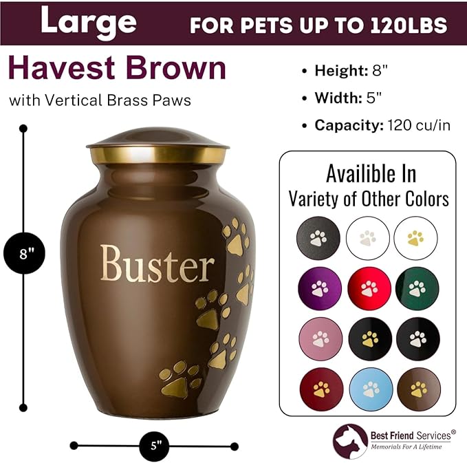 Ottillie Paws Premier Series Pet Urn for Dogs with Personalized Laser Engraving (Large - Pets up to 115 lbs, Harvest Brown with Vertical Brass Paws)