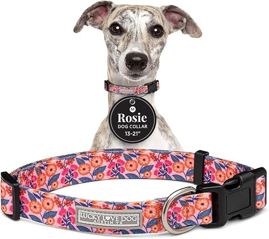 Lucky Love Dog - Adjustable Dog Collar with Easy Click Buckle for Medium, Durable, & Comfortable for Male & Female Dogs, Pet Collar for Puppies & Adult Dogs - Rosie, Medium