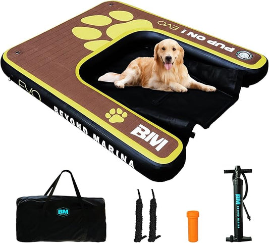 Beyond Marina Dog Pool Ramp - Inflatable Dog Water & Boat Ramp for Lake, Floating Pontoon Dock Ladder with Non-Slip EVA, PUP ON Full EVA, Extra Large 59" x 47" x 6", Teak/Yellow, Supports 230 lbs