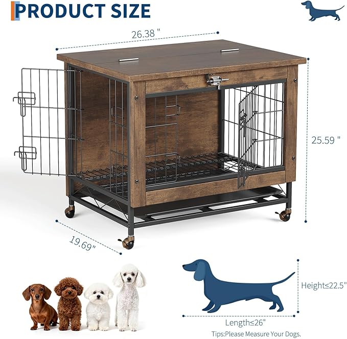 Double-Door Pet Crate Furniture, 26 Inch Indoor Dog House, Heavy Duty Wooden Kennel Side Table with Rustic Brown Finish, Chew-Resistant Dog Cage for Small Medium Dogs, Decorative End Table for Bedroom