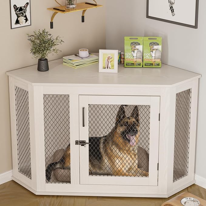 PUKAMI 52 inch Corner Dog Crate Furniture,Wooden Dog Kennel Furniture with Mesh,Decorative Wood Dog House for Small/Medium/Large Dog,Perfect for Indoor Limited Room