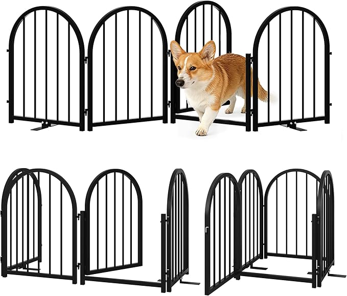 Full Metal Dog Gate with Door for Indoor Outdoor, 24" Tall Free Standing Pet Dog Fence, 72" Extra Wide Pet Gates for Stairs, Hallways, Doorways, Kitchen, Decks, Yards (Black, 4 Panels)