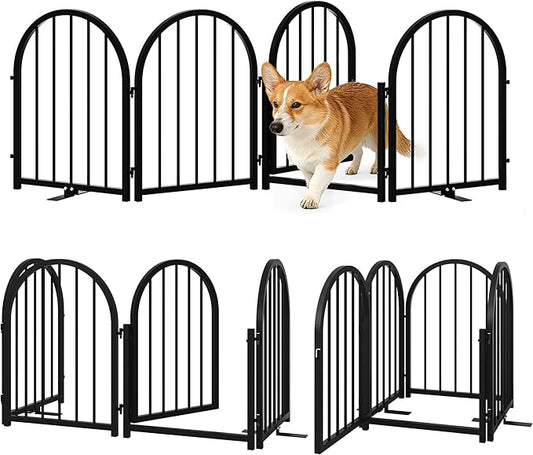 Full Metal Dog Gate with Door for Indoor Outdoor, 24" Tall Free Standing Pet Dog Fence, 72" Extra Wide Pet Gates for Stairs, Hallways, Doorways, Kitchen, Decks, Yards (Black, 4 Panels)