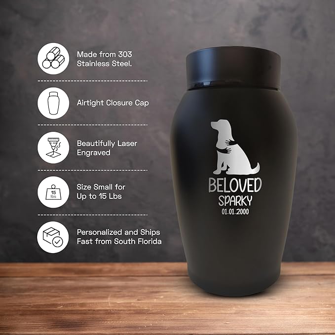 Personalized Custom Small Keepsake Urn Engraved with Pet Name, Date, and Dog Design - 5.2" Black Powder Coated Steel Cremation Urn for Dogs Ashes | 12-16 lb Capacity, Embrace