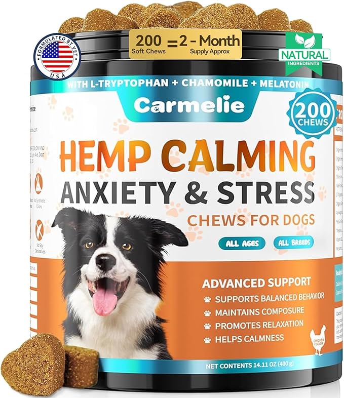 Hemp Calming Chew for Dog - 200 Chews Dog Calming Treats -Dogs Anxiety & Stress Relief Valerian Root Chamomile Melatonin for Separation, Barking, Stress & Slee- Chicken Flavor