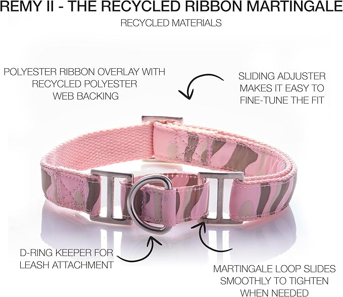 Remy II - The Recycled Ribbon Martingale Adjustable Collar No-Pull Pet Training Collars Dogs, Pink Camo, Small