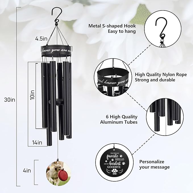 Pet Personalized Name Photo 30" Wind Chimes, Produced in USA Pet Memorial Gifts for Loss of Dog, Custom Picture Dog Remenbrance Gift in Memory, Sympathy Family Love Pets Dogs Cat Gift for Son Daughter