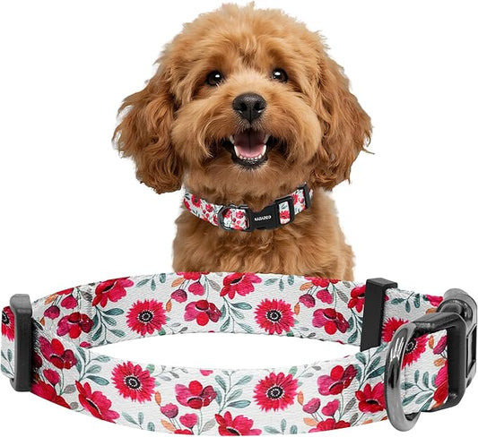 Kazazoo Dog Collar Cute and Soft Nylon Puppy Collar for Boy and Girl, Adjustable Dog Collars for Small Medium Dogs, Red Flowers-S