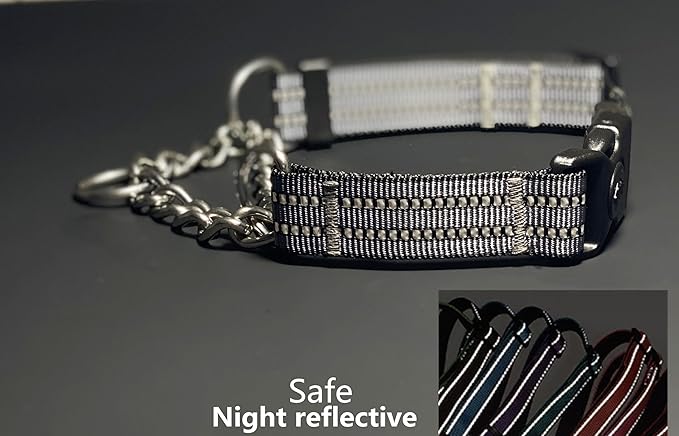 Martingale Collars for Dogs, Heavy Duty Stainless Steel Chain Training Collar, Reflective Nylon Adjustable Collar with Quick Release Buckle, Suitable for Puppy Medium Large Dogs (Gray, M)
