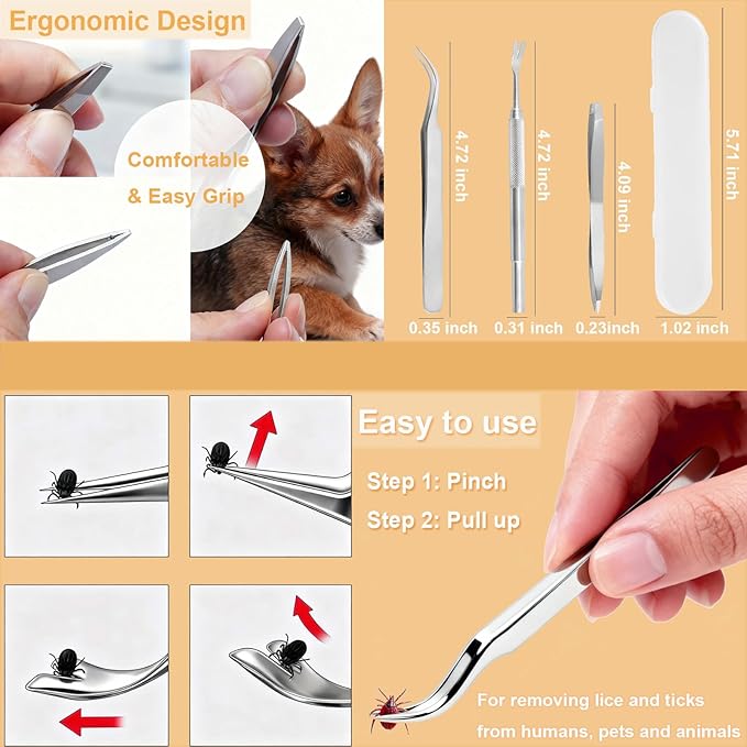 Tick Removal Tool,Tick Remover for Dogs,Premium Tick Twister Stainless Steel 3 PCS -Tick Tweezers/Tick Fork/Handy Tin with Case -Safe for Human & Pets (Silver)