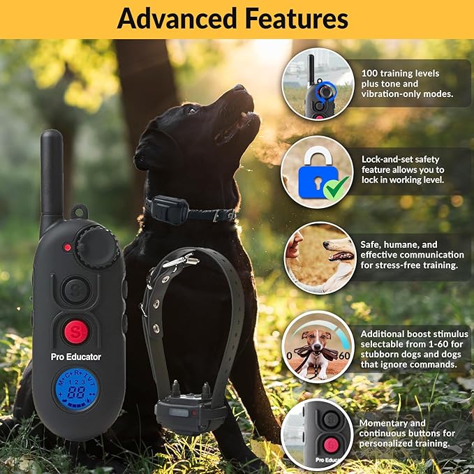 Educator Pro 1/2 Mile Dog Training Collar with Ergonomic Remote, Safe Humane Vibration Stimulation, Pavlovian Tone, Waterproof, Odorproof Biothane Collar, Night Light, Rechargeable, 2 Dog, Black