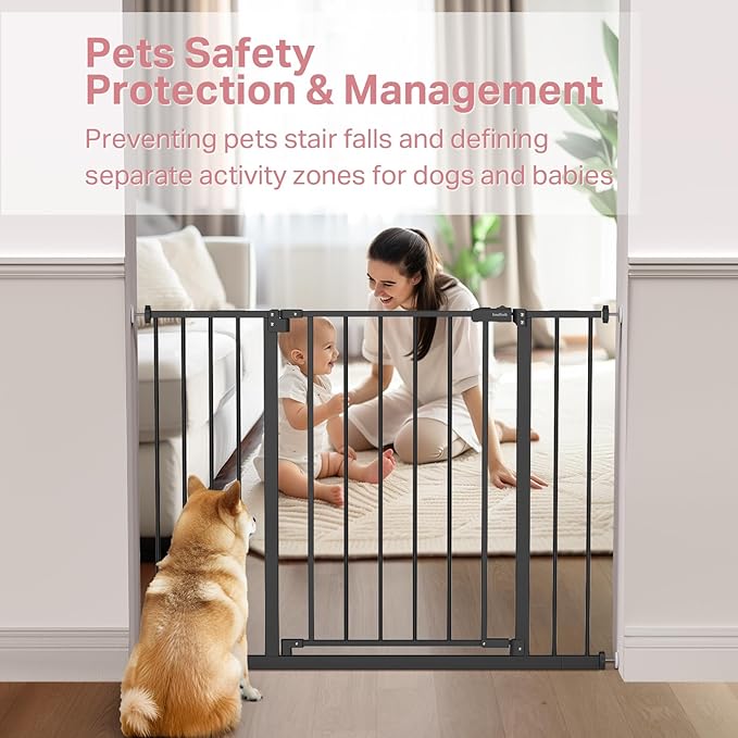 InnoTruth Baby Gate for Stairs 28.9-42.1" Wide, 30" Tall Easy Step Walk Through Expandable Dual Lock Dog Gates for The House，Pressure Mounted Easy Install Pet Gate for Doorways, Black