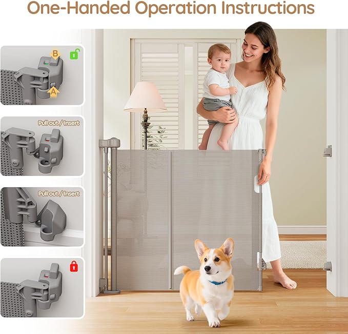 One-Hand Operation Retractable Baby Gates, 200 inch Retractable Gate with Reinforced Strip Design to Prevent Crawling Through, 16 FT Outdoor Retractable Gates Extra Wide for Garage