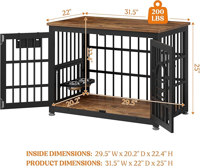 Lulive Dog Crate Furniture 31.5" Wooden Dog Kennel Table with Bowls Heavy Duty Dog Crates for Small/Medium/Large Dogs, Dog Kennel Furniture Indoor as TV Stand End Table,Brown
