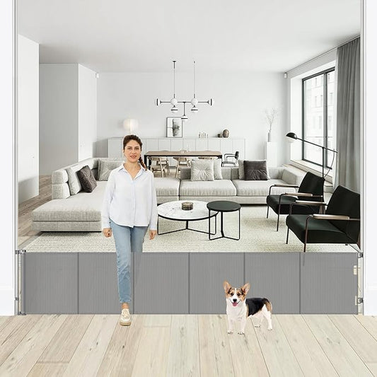 24 Inch Tall x 150 Inch Extra Wide Retractable Dog Gate for The House, Short Baby Gate to Step Over, Reinforced Mesh Puppy Gate for Doorways, Step Over Pet Gate for Stairs, Indoor/Outdoor, Gray