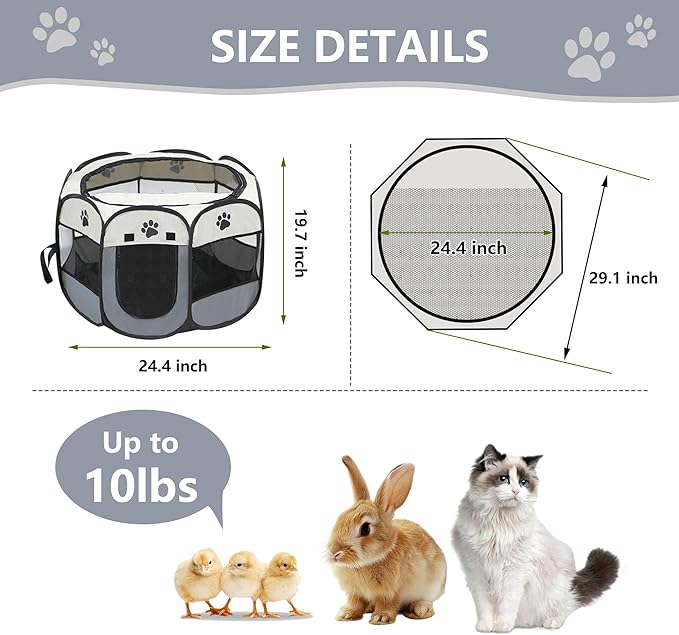 Cat Dog Playpen, Puppy Pet Playpen Indoor for Small Dog Crate Tent Cage Outdoor, Portable Pop Up Dogs Enclosure Kennel with Carrying Case for Dogs/Cats/Rabbits Grey.