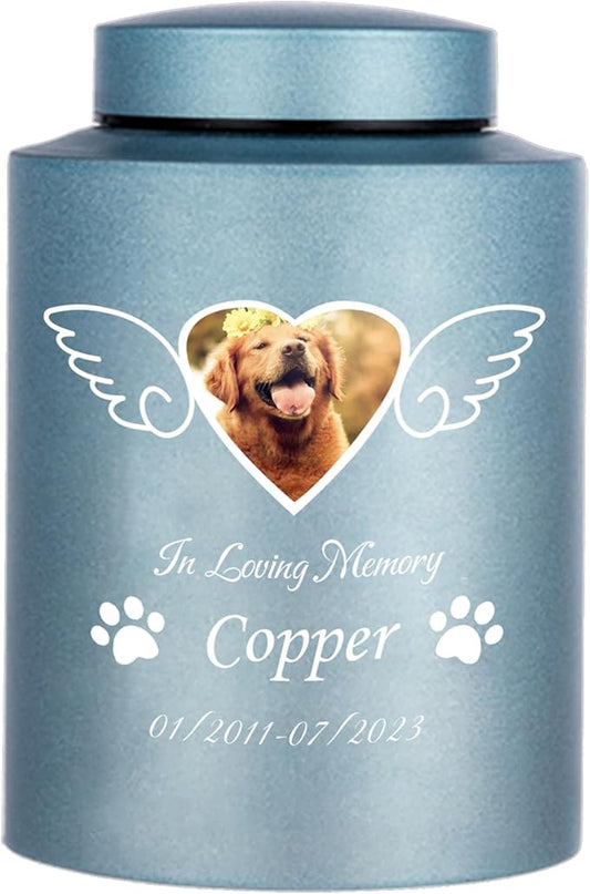 Custom Urns for Dogs and Cats Ashes Personalized Pet Urn with Name and Photo Pet Cremation Memorial Urn for Loss of Dog or Cats Engraved Pet Funeral Urns (Wings)