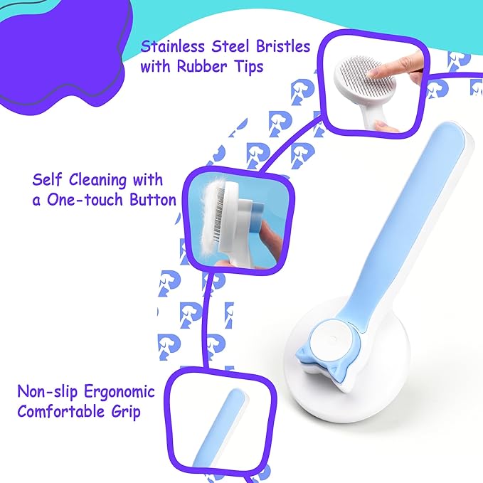 Self-Cleaning Cat and Dog Grooming Brush - Fur Removal, Gentle on Skin. Ergonomic Design with Stainless Steel Bristles. Suitable for All Coat Types - Durable, Long-Lasting Pet Brush (Blue)
