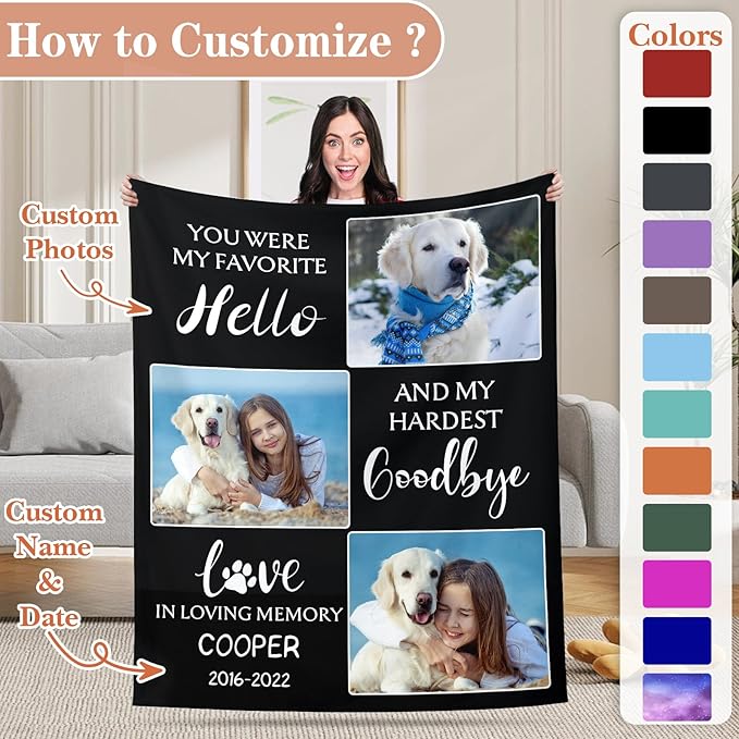 Pet Memorial Blanket Gift - Personalized Dog Memorial Blanket with Photo Name, Pet Sympathy Gifts for Dogs Lovers, Custom Loss of Dog Grief Blankets, Pets Remembrance Bereavement Gifts (3 Photos)