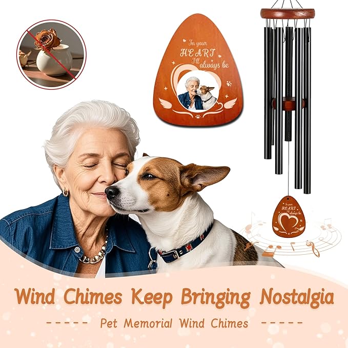 Pet Memorial Wind Chimes - Bereavement Gift for Loss of Dog/Cat with Metal Rose Card, 26" Weatherproof Outdoor Keepsake for Garden