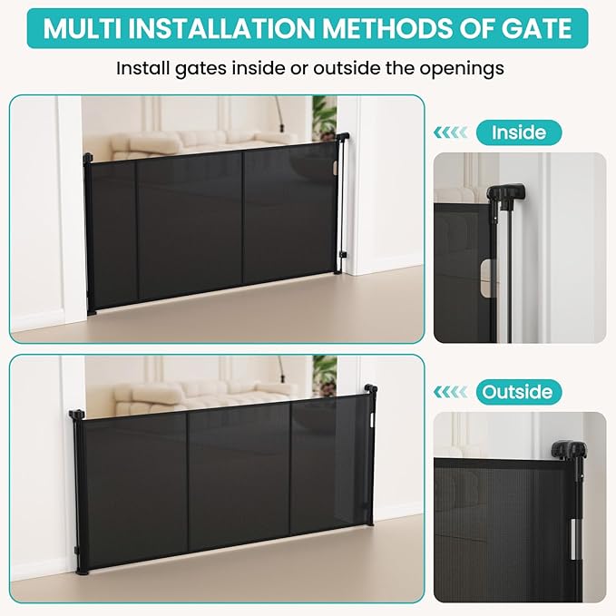 Upgrade Retractable Baby Gates Extra Wide (120" W x 42" H), 120 inch Reinforced Retractable Dog Gate to Prevent Crawling Through, Retractable Gate Outdoor/Indoor, Real One-Handed Operation, Black