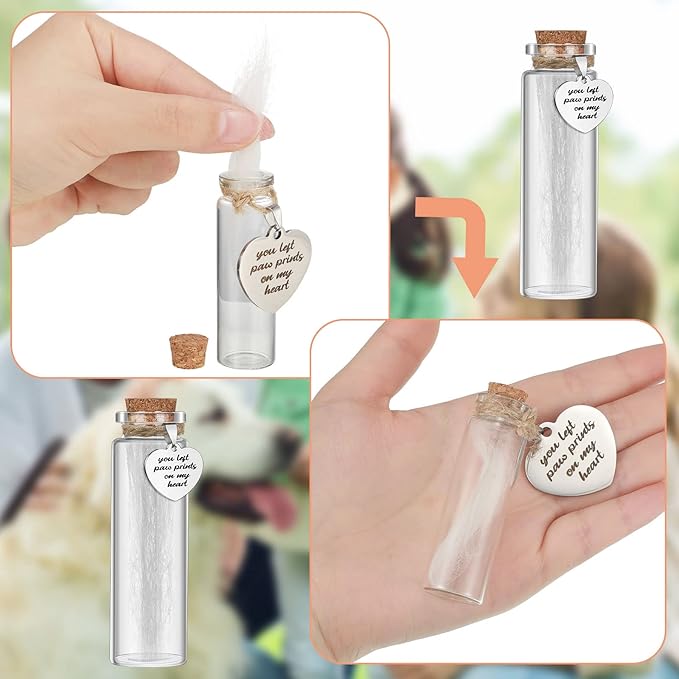 Nuenen 2 Pcs Pet Memorial Hair Keepsake Pet Fur Glass Bottle with Heart Shape Ornaments and White Organza Bags Pets Passing Away Funerary Bereavement Remembrance Loss Sympathy Gift for Dog Cat Ashes