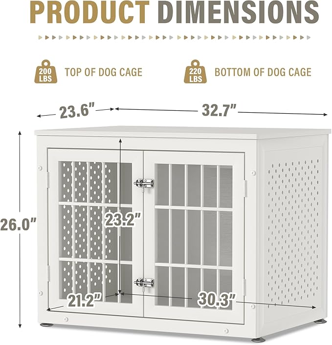 32" Heavy Duty Dog Crate Furniture for Small and Medium Dogs, Metal Kennel for High Anxiety Dogs, Chew Proof Pet Cage Indoor, Decorative Dog Kennel End Table, White