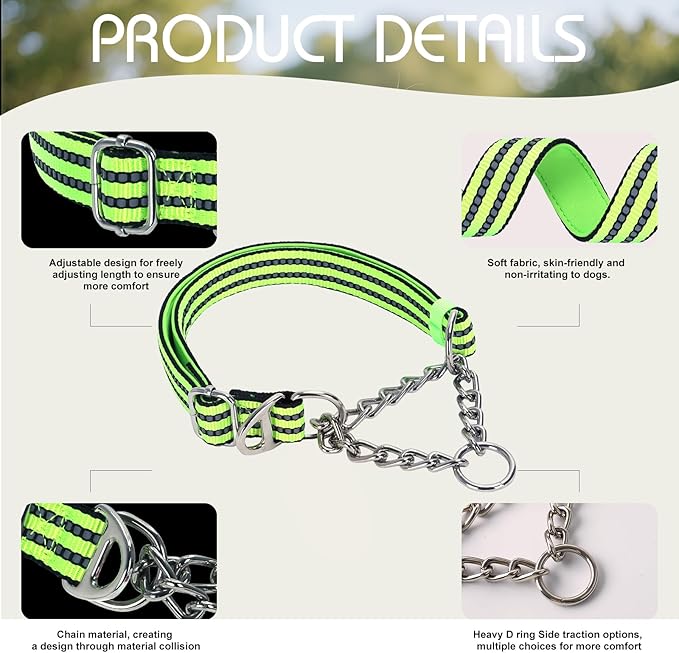 Reflective Martingale Dog Collar - Heavy Duty No-Pull Training Collar with Dual D-Rings, Adjustable Choke Chain Design & Soft Padded Comfort for Large, Medium, XL Dogs - Green M
