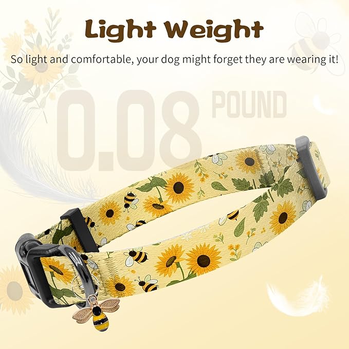 Kazazoo Dog Collar Cute and Soft Nylon Puppy Collar for Boy and Girl, Adjustable Dog Collars for Medium Large Dogs, Bees and Sunflowers-L