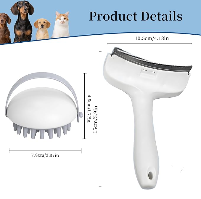 2 Pack Pet Grooming Set, Short Teeth Stainless Steel Deshedding Brush for Short-Haired Dogs and Soft Silicone Circular Bath Brush, Efficient Fur Removal and Gentle Cleaning (Blue, Large)