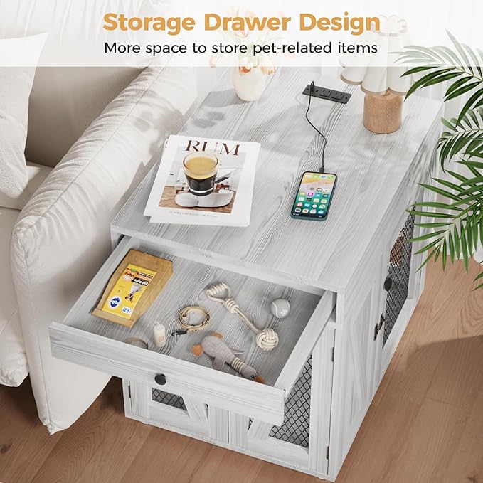 VOWNER Dog Crate Furniture, Wooden Dog Kennel End Table with USB Charging Station, Storage Drawer, Double Latched Door, Furniture-Style Crate Side Table for Medium Dogs Under 40 lbs Indoor, Gray Pine