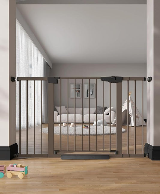 Cumbor 29.7–51.5" Extra Wide Baby Gate for Stairs, Pressure-Mounted Dog Gates for Doorways & Hallways, Auto-Close Walk-Through, No-Trip Design, Child Proof Safety, Dog/Pet Gate for Indoor Use, Brown