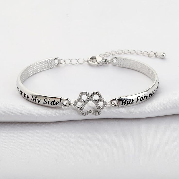 BEKECH Dog Memorial Bracelet No Longer by My Side But Forever in My Heart Crystal Paw Print Bracelet Loss of Pet Jewelry