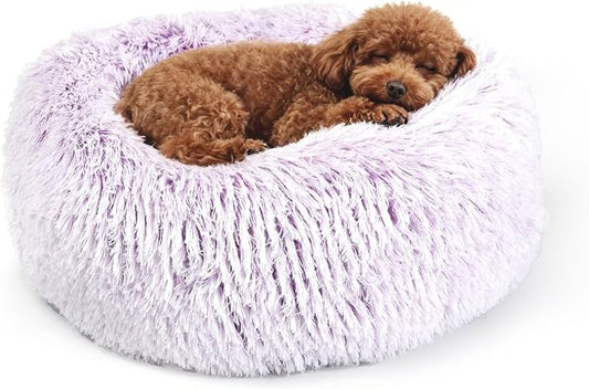 Calming Donut Dogs Beds for Small Dogs Washable,19inch Fluffy Round Puppy Bed for Puppies,Cats & Toy Breeds with Raised Rim,Fits up to 15 lbs Pets,Gradient Purple