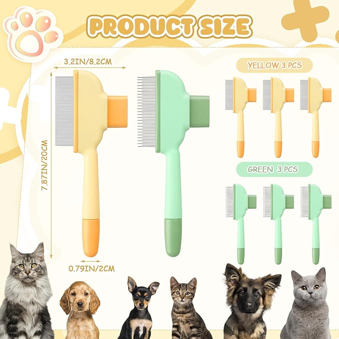 Meanplan 6 Pcs Pet Hair Removal Comb Flea Comb for Cats Dogs One Click Self Cleaning Grooming Brush Bulk Dogs Long Short Stainless Steel Teeth for Shedding Massaging Cleaning Pet Hair (2 Style)