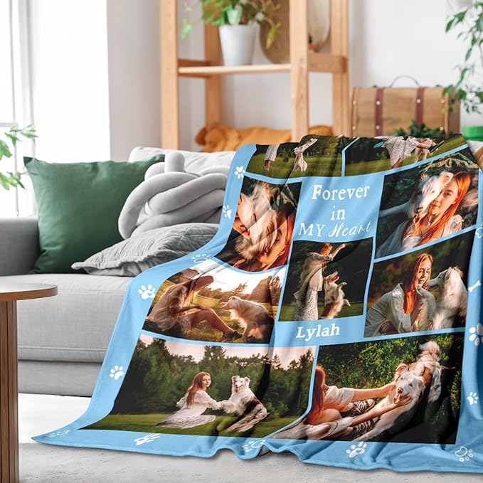 Pet Memorial Blanket Gift - Personalized Dog Memorial Blanket with Photo Name, Pet Sympathy Gifts for Dogs Lovers, Custom Loss of Dog Grief Blankets, Pets Remembrance Bereavement Gifts (9 Photos)