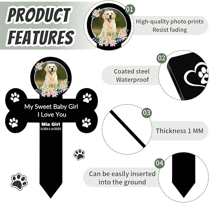 Custom Pet Grave Markers Dog Outdoor, Personalized Pet Cross Grave Marker with Name and Date, Weatherproof Dog Headstone for Graves Outdoor Garden Yard, Pet Tombstones Sympathy Gift for Pet Loss