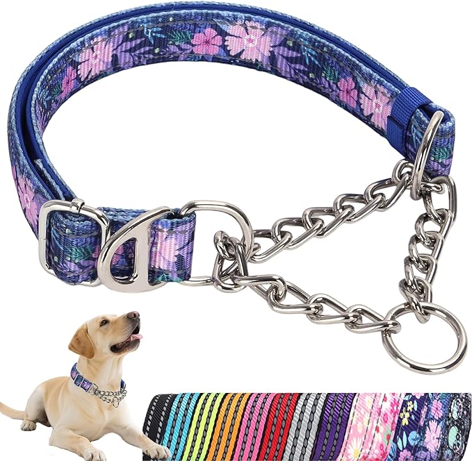 Martingale Dog Collar for Large Dogs,Heavy-Duty Collar with No Buckle Adjustable Reflective Strap & Chain Martingale Collar for Training & Walks (Boho L)