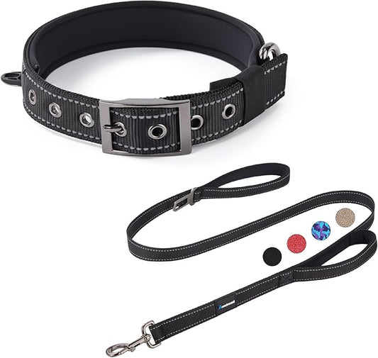 Annchwool Adjustable Dog Collar and 5 FT Leash Set with Heavy Duty Metal Buckle–Comfortable Lining Reflective Collar & Dual-Handles for Medium Large Dogs Walking,Running(Black Set,S:13''-17'')