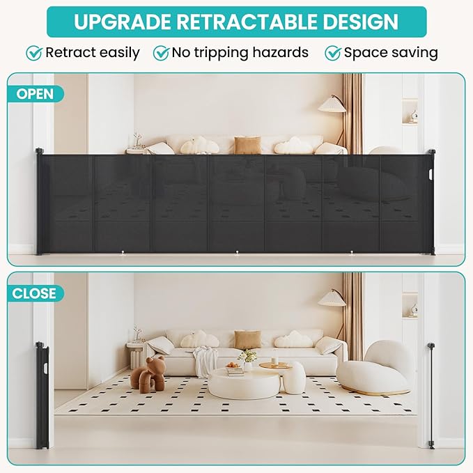 Upgrade Retractable Baby Gates Extra Wide (71" W x 42" H), 71 inch Reinforced Retractable Dog Gate to Prevent Crawling Through, Retractable Gate Outdoor/Indoor, Real One-Handed Operation, Black