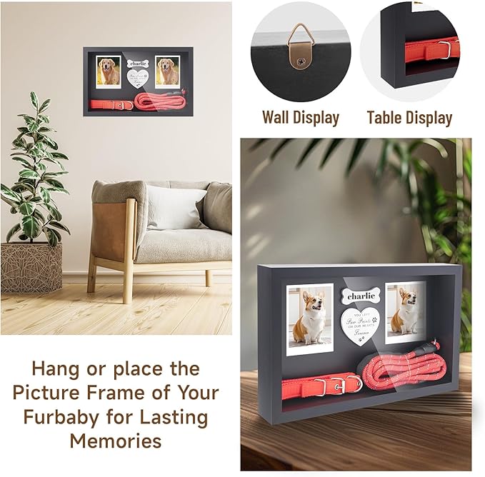 Dog Memorial Gifts for Loss of Dog, Pet Memorial Dog Picture Frame 13" Wooden Shadow Box Display with Collar & Leasd Holder, Sympathy Gift for Loss of Dog/Cat, Wall Hanging & Tabletop (Dark Grey)