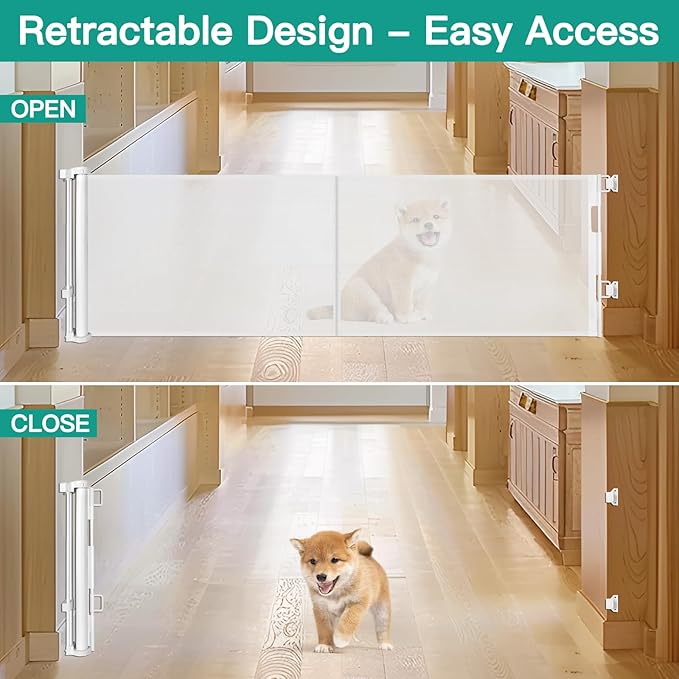 20 Inches Tall Retractable Dog Gate to Step Over, Short Pet Gate for Doorways, Extends up to 55" Wide, Step Over Puppy Gates for The House Mesh Doggie Gates Small Dog Gate Indoor Outdoor (White)